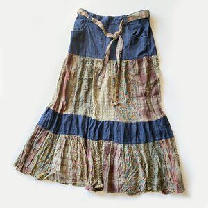 NWT Young Threads Blue Brown Tiered Maxi Skirt Size M Boho